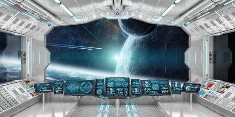 Obraz premium Wnętrze statku kosmicznego z widokiem na system odległych planet Elementy renderowania 3D tego obrazu dostarczone przez NASA