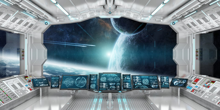 Fototapeta Spaceship interior with view on distant planets system 3D rendering elements of this image furnished by NASA