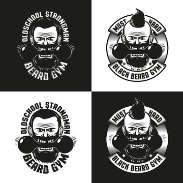 Logos of the athletic club in retro style. Bearded aggressive man with dumbbells. Vector illustration.