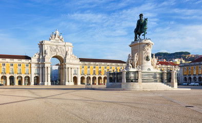 Rua Augusta Arch is a triumphal, historical building  in Lisbon on Commerce Square, Portugal - obrazy, fototapety, plakaty
