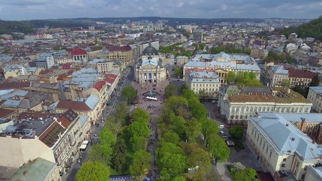 Aerial Old City Lviv, Central part of old city. European City. Lviv Opera. Ukraine