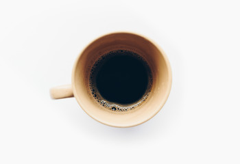 Top view a cup of coffee on white background, isolated