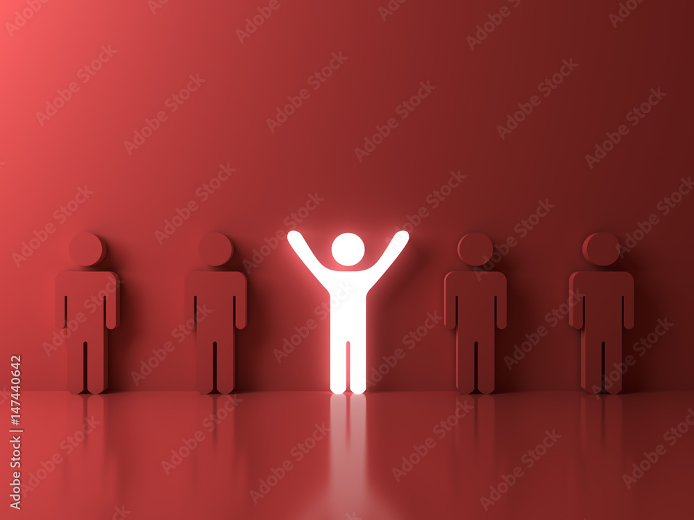 Poster stand out from the crowd and different creative idea concepts , one glowing light man standing with 