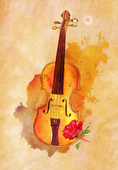 Watercolour and ink violin and rose drawing on old paper