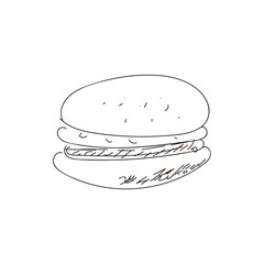 Hand drawn burger. outline drawing. Fast food products. Black line.fast food background