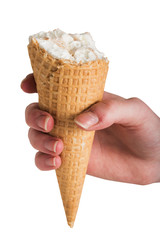 Female hand holds a napkin with ice cream isolated on white background