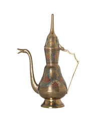 Copper jug with a traditional Arabic ornaments on a white background