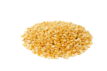 Dry yellow split peas isolated on white.