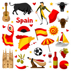 Spain icons set. Spanish traditional symbols and objects - obrazy, fototapety, plakaty