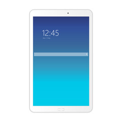 White tablet computer with blue screen isolated on white background. Screen with search bar, clock and date. Vector illustration