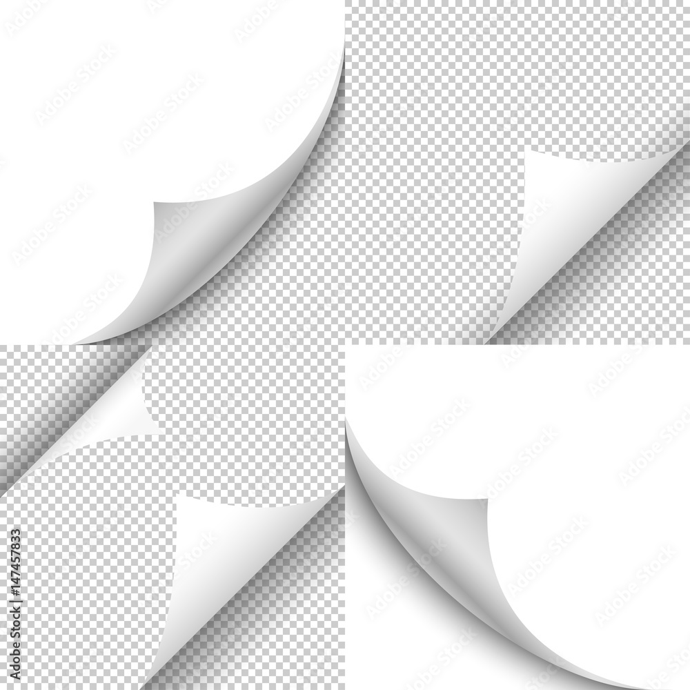 Poster set realistic curled corner and shadow on transparent background