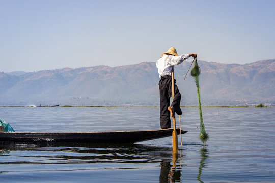 Burmese fisherman catching fish in Inle lake, Myanmar (Burma) by a handmade net, Traditional way of fishing in Myanmar