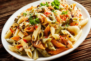 Penne rigate Italian pasta with spice and cheese