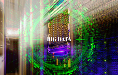 stack of hard drives store mainframe with abstract background big data and binary code