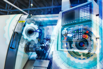 Computer control panel lathe with numerical control covered illustration gear wheel, Hi-tech...