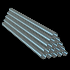 Stack of steel metal pipes. 3d render on black