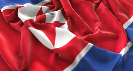 North Korea Flag Ruffled Beautifully Waving Macro Close-Up Shot