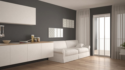 Fototapeta na wymiar Scandinavian kitchen with sofa, wooden parquet floor, white and gray minimalist interior design
