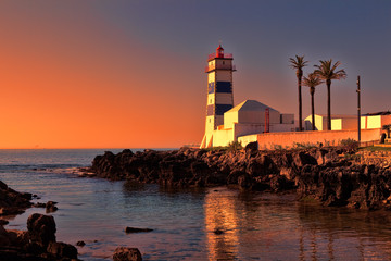 Santa Marta Lighthouse in Cascais, Portugal. - obrazy, fototapety, plakaty