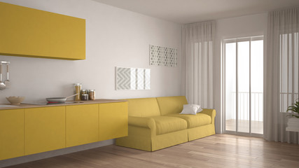 Scandinavian kitchen with sofa, wooden parquet floor, white and yellow minimalist interior design