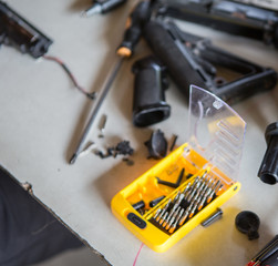 Equipment technician on wood table