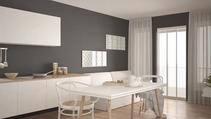 Fototapeta na wymiar Scandinavian kitchen with sofa and table, wooden parquet floor, white and gray minimalist interior design