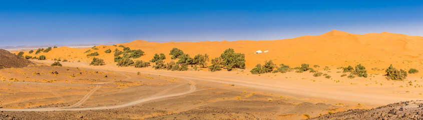 Fototapeta na wymiar Panoramic view at the nature in area of Erg Chebbi ,Morocco
