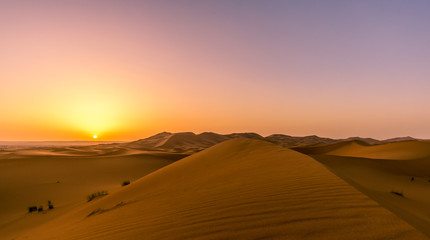 Fototapeta na wymiar Sunrise over the sand dunes of Sahara - Morocco