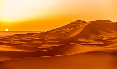 Foto auf Alu-Dibond Sonnenaufgang über den Sanddünen von Erg Chebbi in Sahara, Marokko © milosk50
