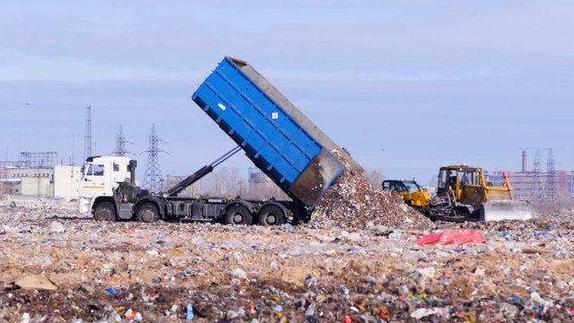 Discharging of the garbage by the truck. 4K.
