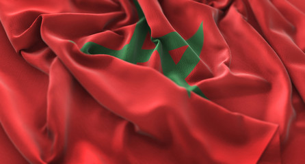 Morocco Flag Ruffled Beautifully Waving Macro Close-Up Shot