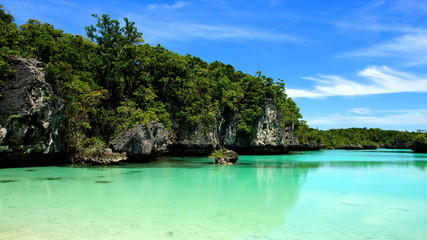 Fototapeta na wymiar traumhafte, naturbelassene Badebucht mit türkisem Meer auf den Molukken-Inseln 