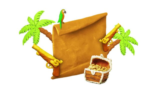 Title plate, Treasure chest, Parrot, Palms and Pistols. Alpha matte. Claymation. 4K