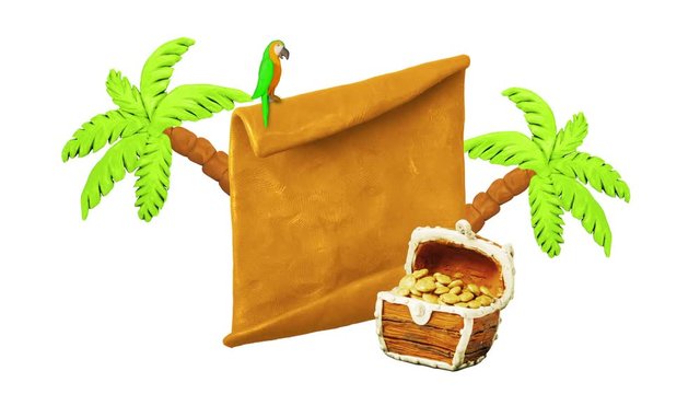 Title plate, Treasure chest, Parrot, Palms. Alpha matte. Claymation. 4K