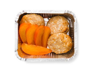 Healthy food in boxes, diet concept. Isolated on white top view