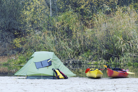 Scenic Lake Camping with Kayaking. Summer Lake Scenery.