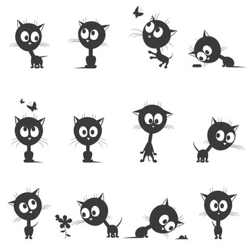 Vector illustration consisting of twelve separate images in the form of a black cat