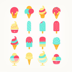 Set of delicious ice cream icons in vivid colors. Ice cones popsicles and ice cream in cups. Flat icons