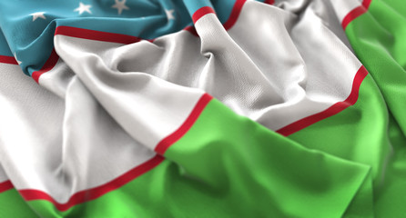 Uzbekistan Flag Ruffled Beautifully Waving Macro Close-Up Shot