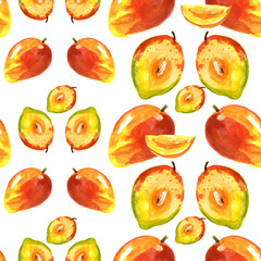 Watercolor seamless pattern, background with a pattern of tropical mango fruit.
On a white background.