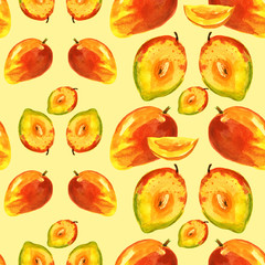 Watercolor seamless pattern, background with a pattern of tropical mango fruit.
On a yellow background