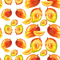 Watercolor seamless pattern, background with a pattern of tropical mango fruit.
On a white background.
