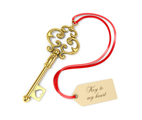 Golden key with tags. Key to the heart. 3D illustration