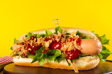 Beautiful Tasty classic traditional hot dog with sausages and ketchup on wooden board.