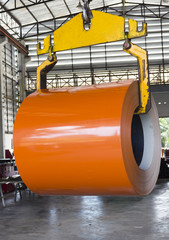 Lift Roll coil metal sheet  by crane in tile metal sheet factory