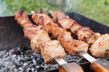 juicy fried meat on skewers outdoors