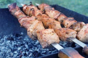juicy fried meat on skewers outdoors