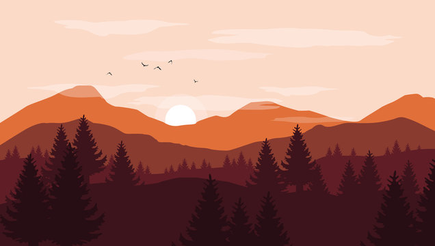 Landscape with orange and red silhouettes of mountains and hills with sunset pink sky - vector illustration