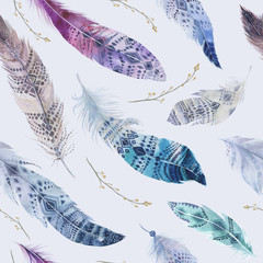 Feathers pattern. Watercolor elegant background. Watercolour bird
