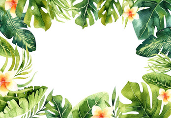 Hand drawn watercolor tropical plants background. Exotic palm leaves, jungle tree, brazil tropic borany elements. Perfect for fabric design. Aloha art.